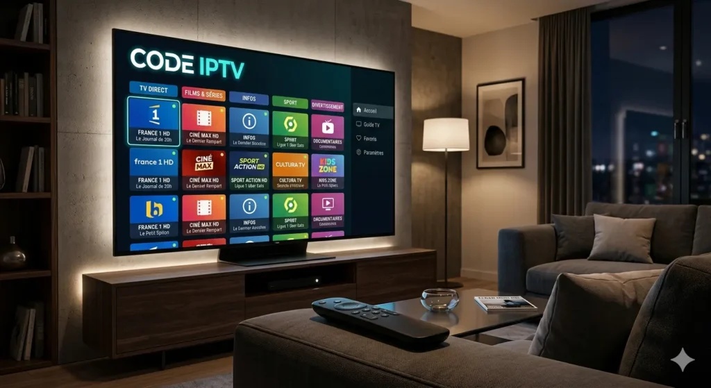 Code IPTV pas cher en 2026 — interface IPTV sur Smart TV dans un salon moderne français 🖋 Titre / Légende :