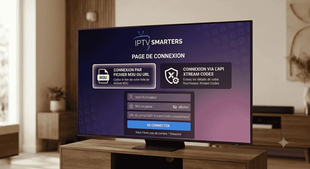 Menu de connexion IPTV Smarters Pro avec options M3U et Xtream Codes