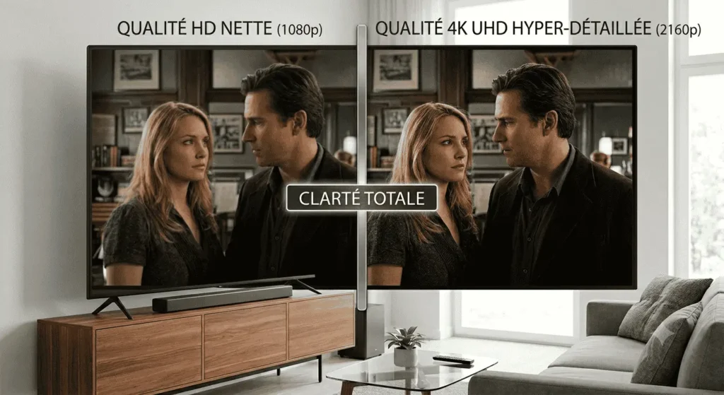  comparaison visuelle entre qualité HD et 4K sur un écran moderne.
