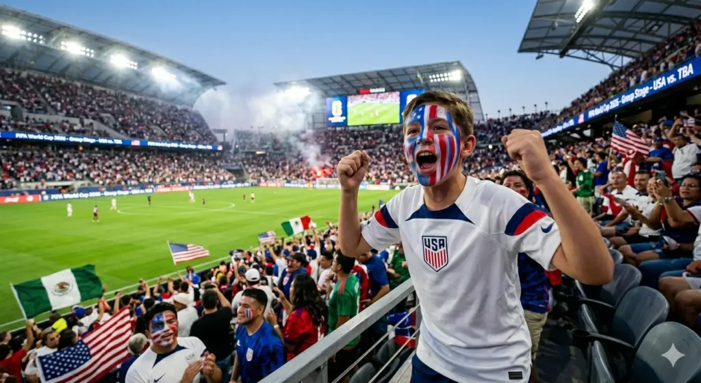 Un jeune fan des États-Unis encourageant son équipe lors de la Coupe du Monde FIFA 2026.