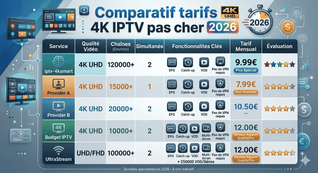 4k iptv pas cher-comparatif des tarifs 4K IPTV pas cher 2026