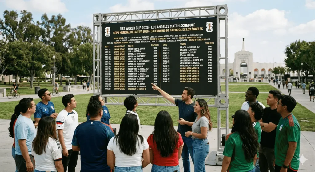 Un calendrier des matchs de la Coupe du Monde FIFA 2026 sur un grand écran à Los Angeles.