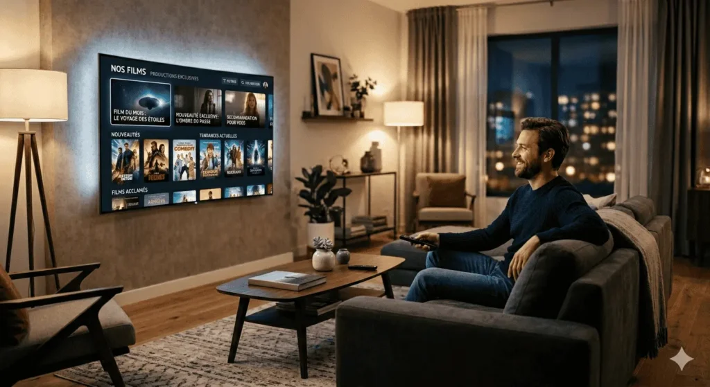  utilisateur iron iptv regardant une Smart TV moderne dans un salon élégant.