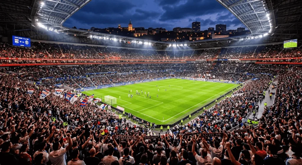 i stade de football illuminé en soirée, vue large depuis les tribunes our avec playlist sport