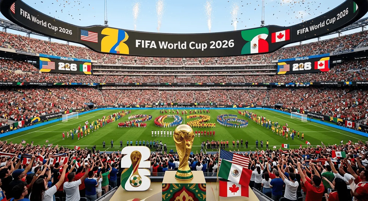 Une foule joyeuse et un grand panneau d'affichage dans un stade lors de la coupe du monde football