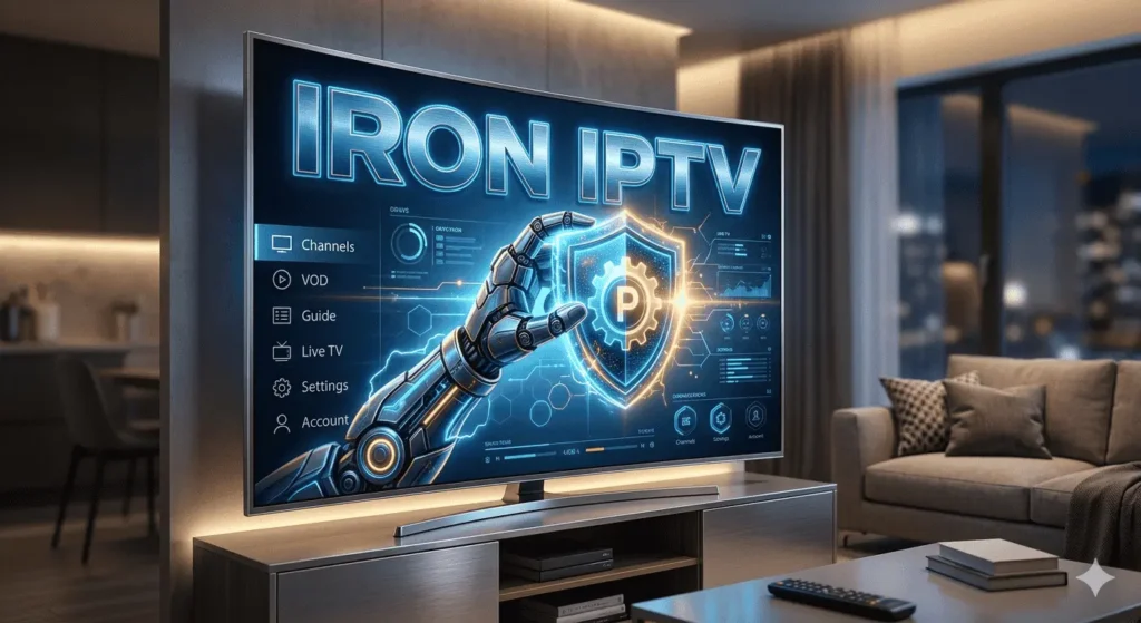 Une image de couverture moderne et futuriste montrant un grand écran de télévision affichant le logo 'IRON IPTV', représentant le service d'abonnement IPTV IRON Premium