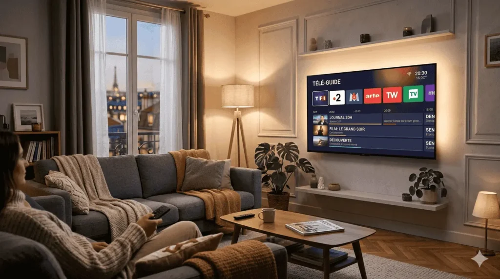 Meilleur lecteur IPTV 2026 affiché sur une Smart TV dans un salon moderne en France
