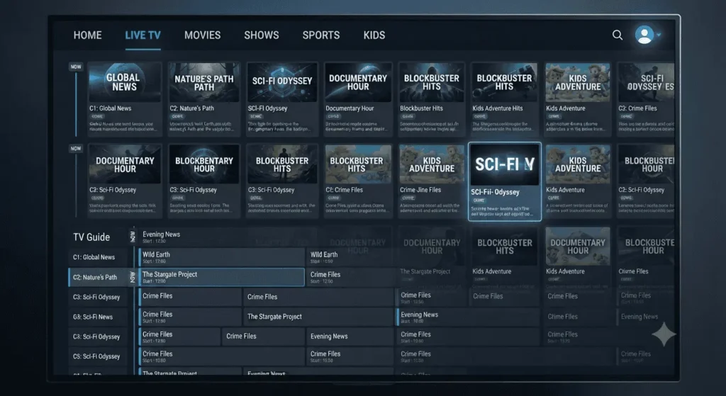 Interface TiviMate Premium avec guide TV et multi-écran pour Android TV
