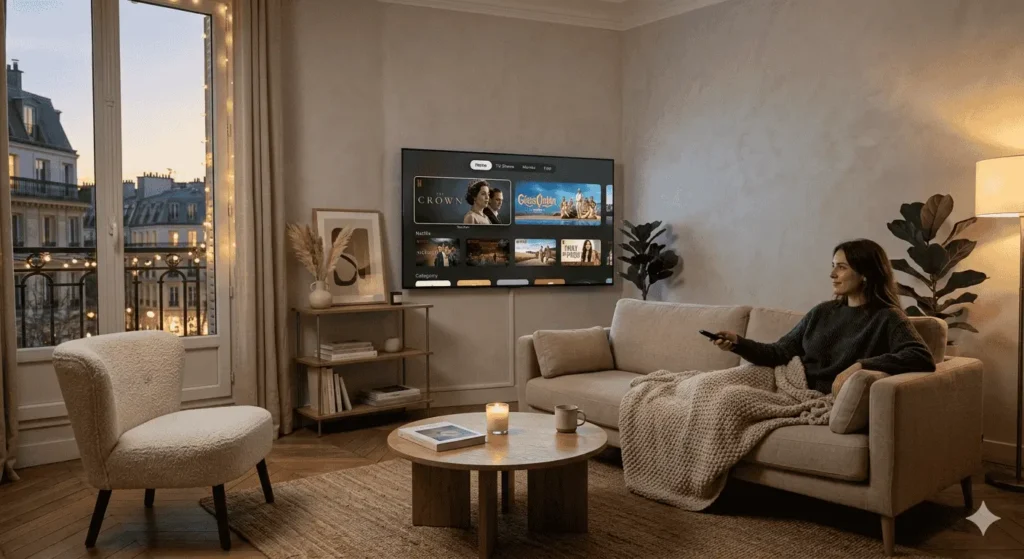 Application Smart IPTV France installée sur une Smart TV dans un salon moderne