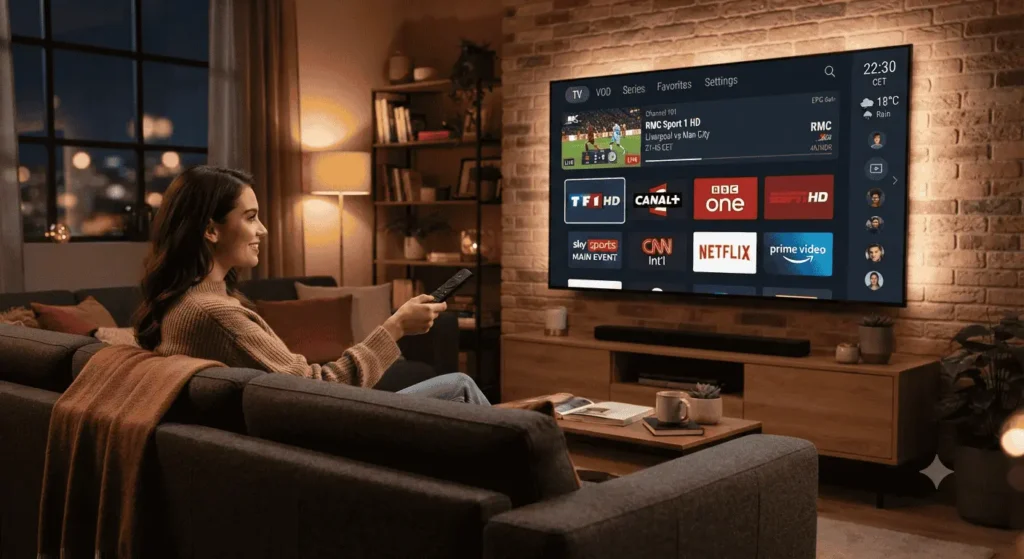 TIVIMATE IPTV ABONNEMENT affiché sur Smart TV avec interface TiviMate et code IPTV actif