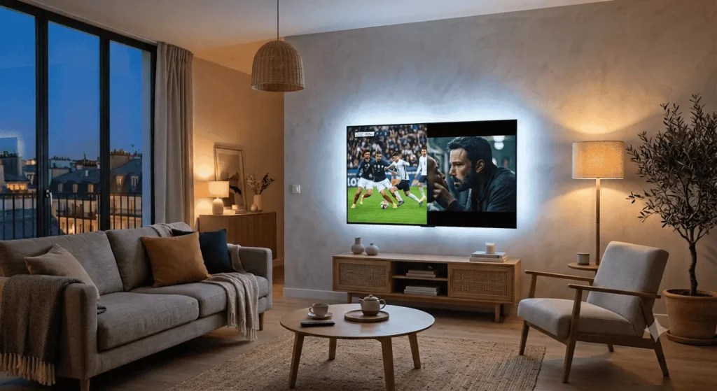 Abonnement Smart IPTV en France installé sur une Smart TV moderne dans un salon
