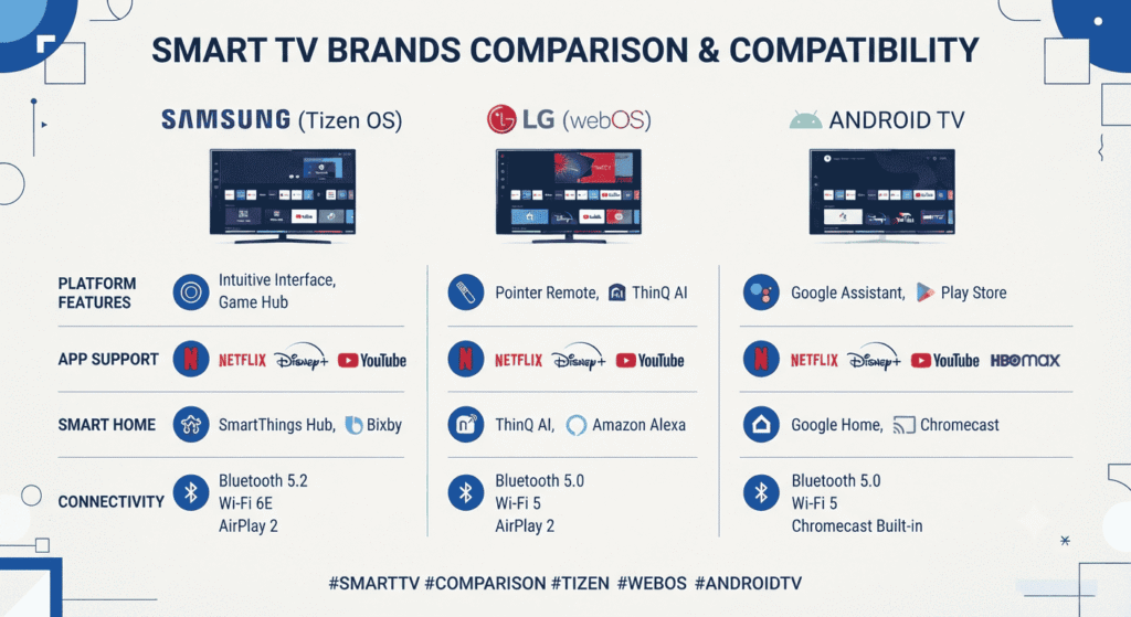 Comparatif de compatibilité smart iptv sur Samsung, LG et Android TV
