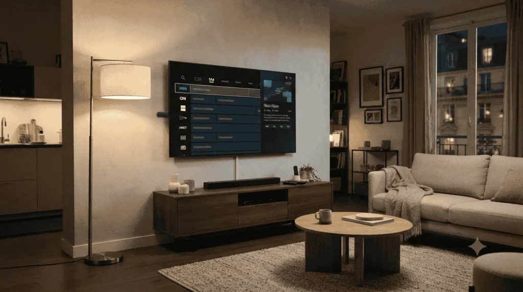 Application tivimate iptv installée sur une clé HDMI de streaming connectée à une Smart TV