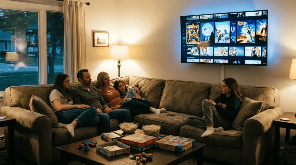 Famille regardant la télévision sur smart TV