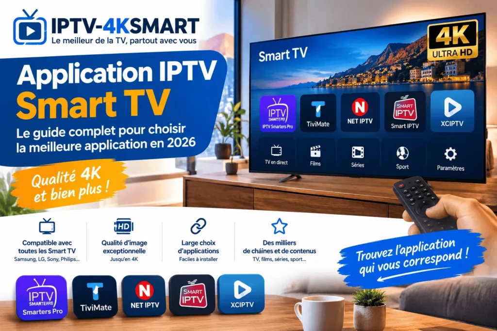 Application IPTV Smart TV 2026 avec qualité 4K et interface TV
